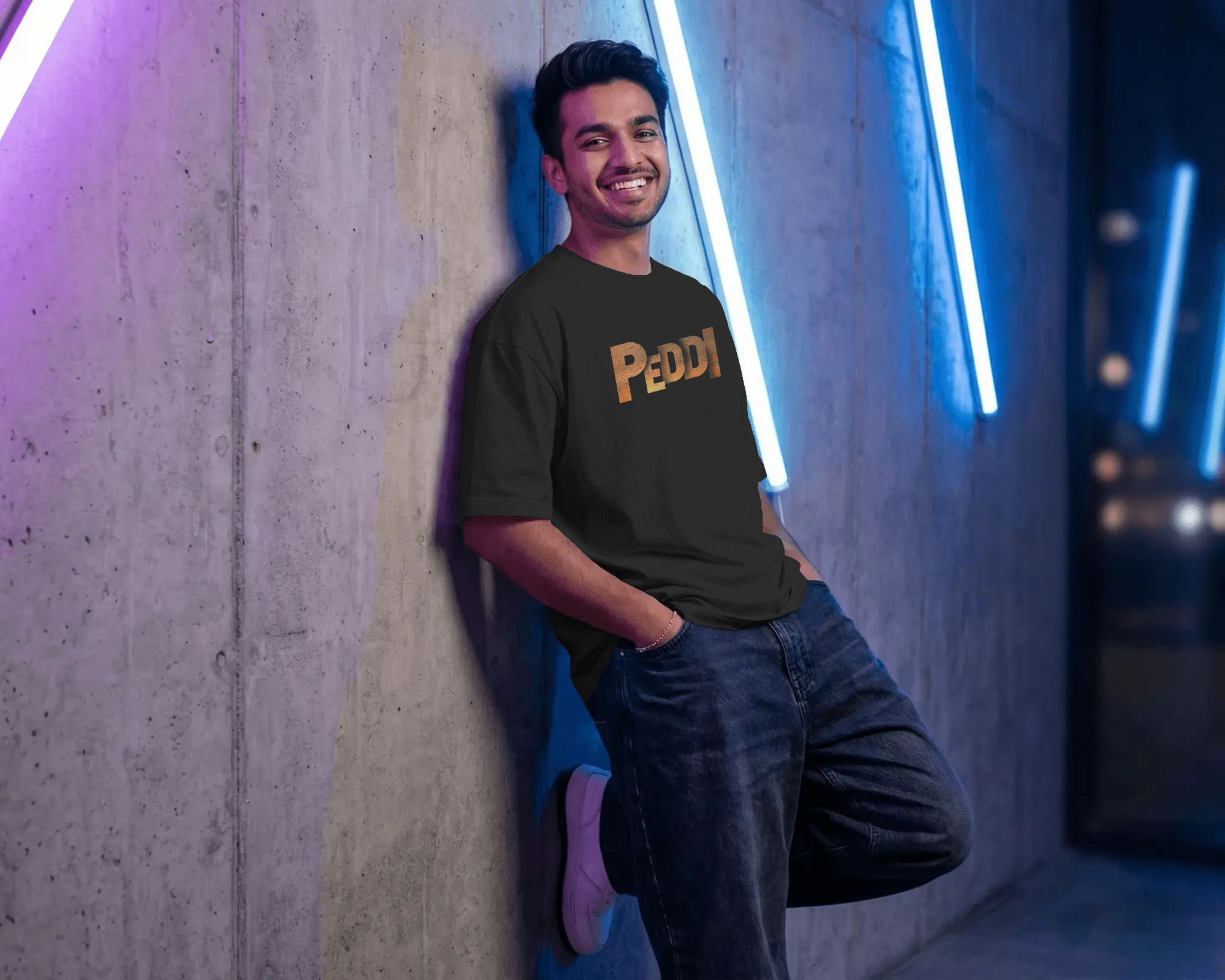 Peddi Ram Charan warrior back graphic white t shirt with front PEDDI typography