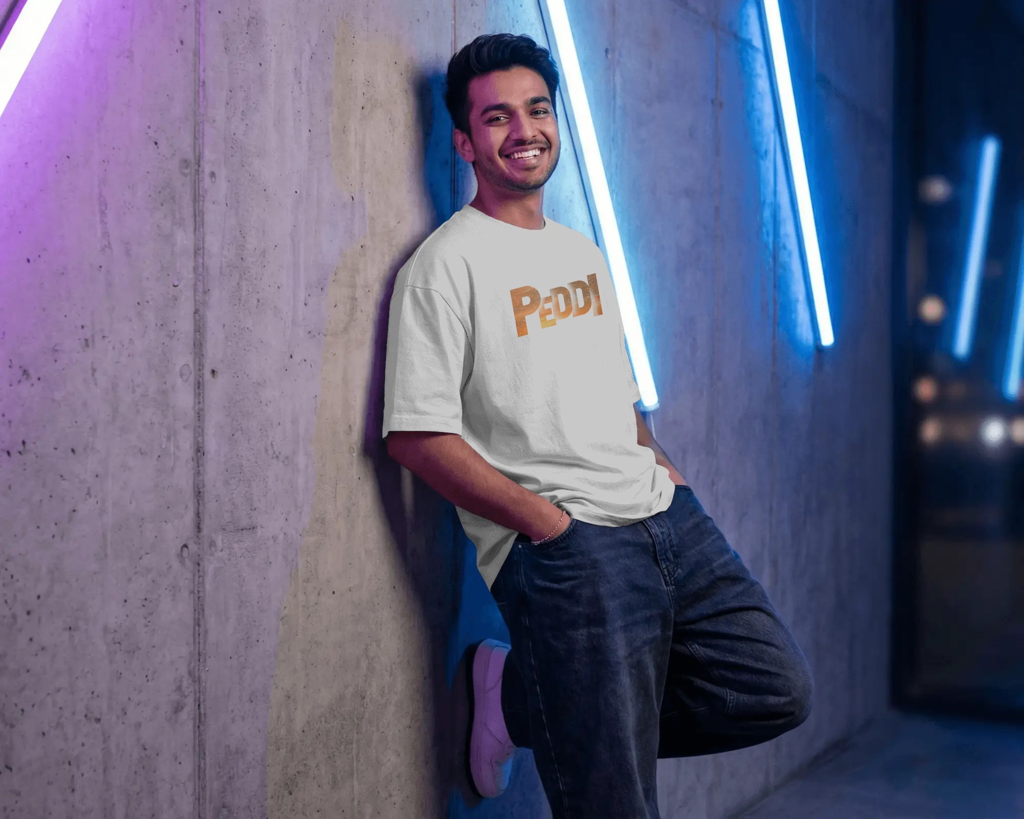 Peddi Ram Charan warrior back graphic white t shirt with front PEDDI typography