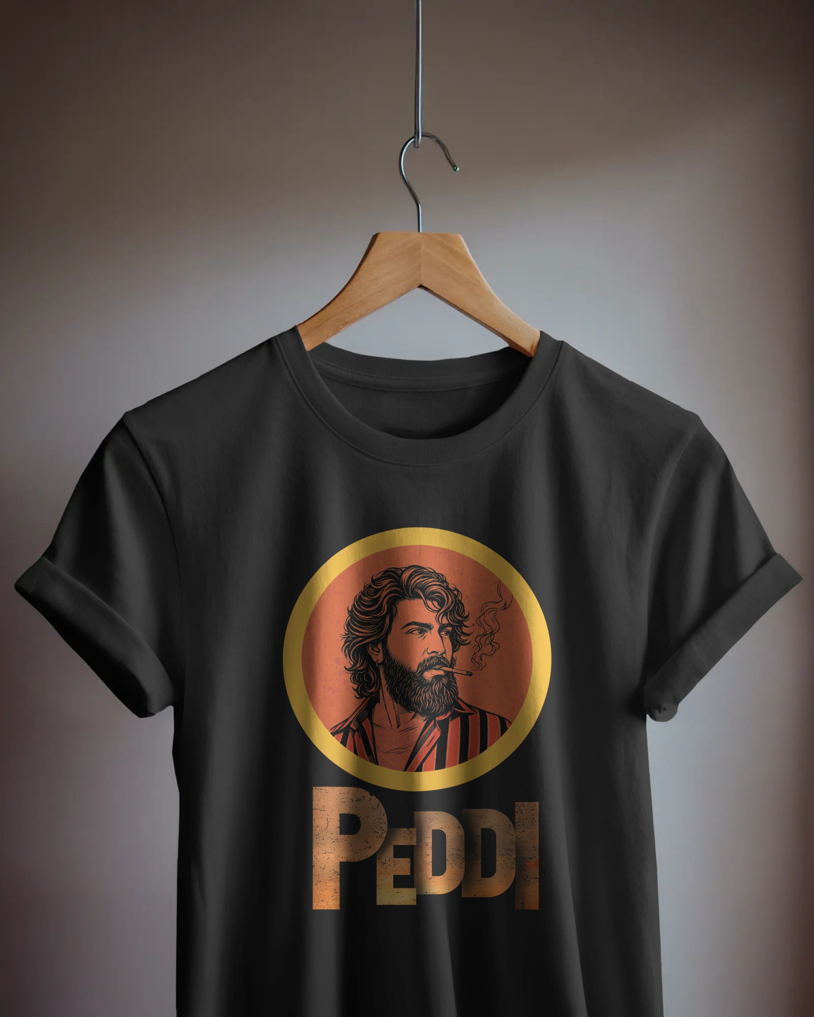 Peddi Ram Charan portrait front graphic black t shirt with PEDDI typography