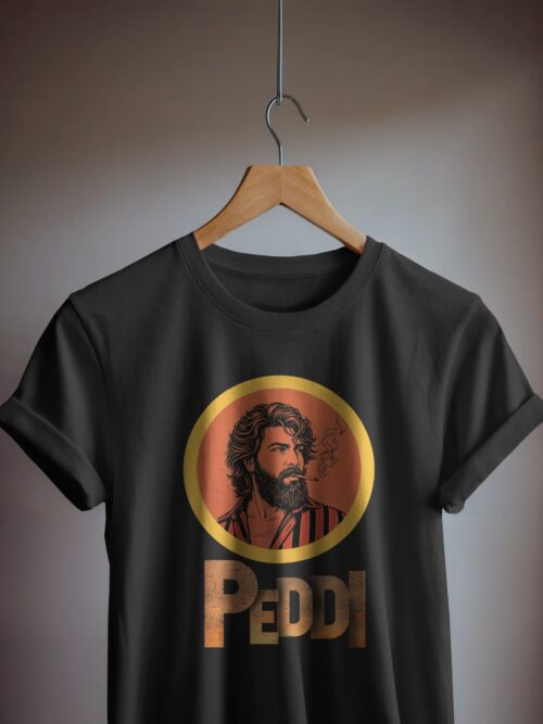 Peddi Ram Charan portrait front graphic black t shirt with PEDDI typography