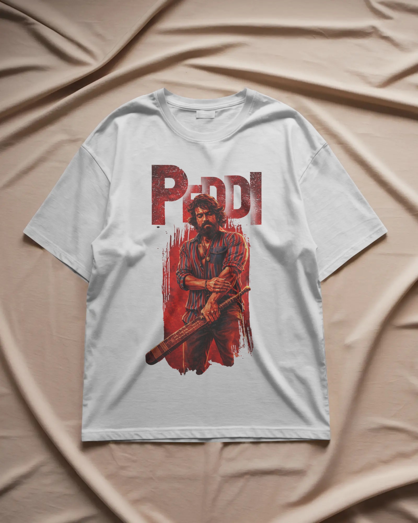 Peddi Ram Charan blood red hero front graphic white t shirt with PEDDI typography