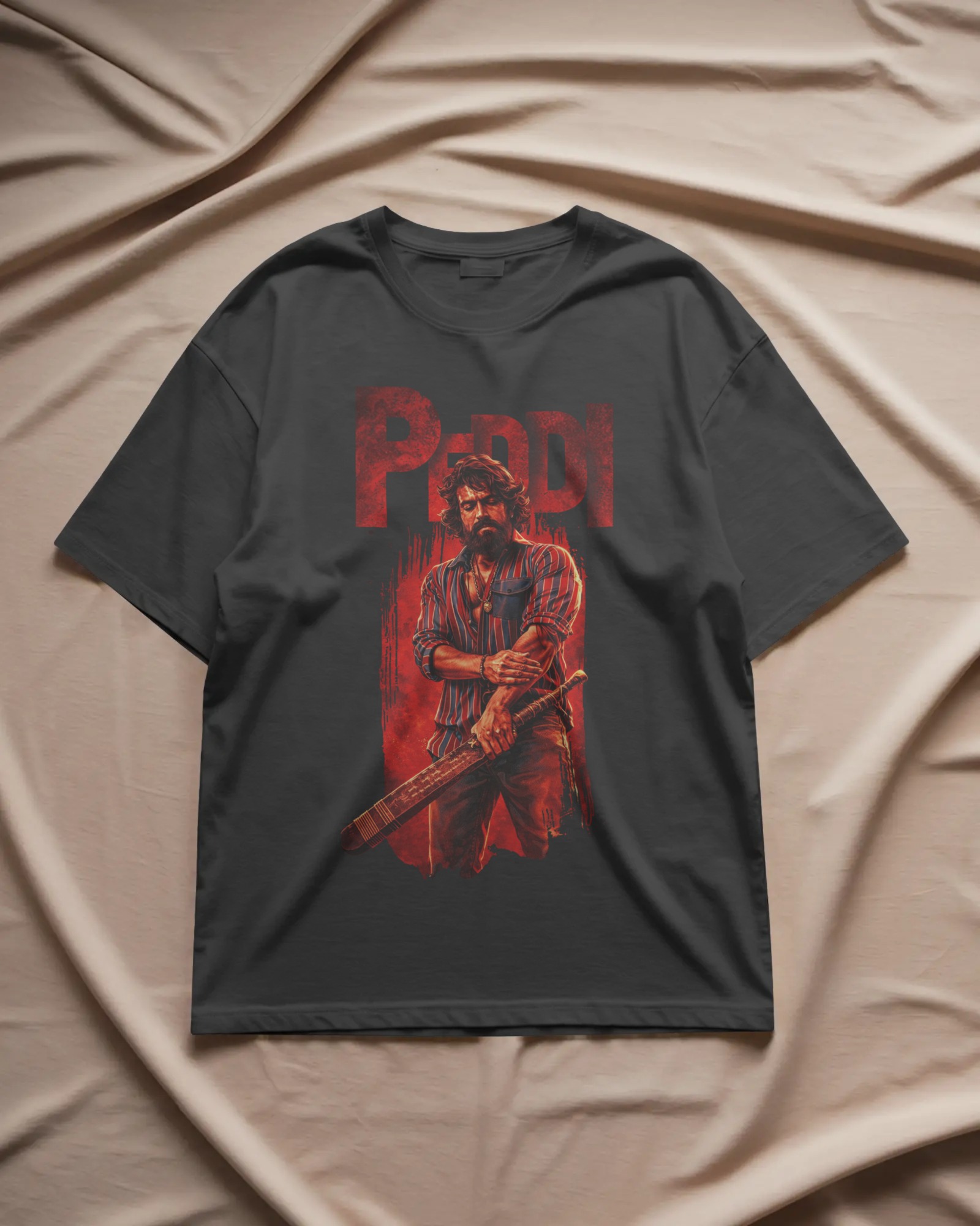 Peddi Ram Charan blood red hero front graphic white t shirt with PEDDI typography