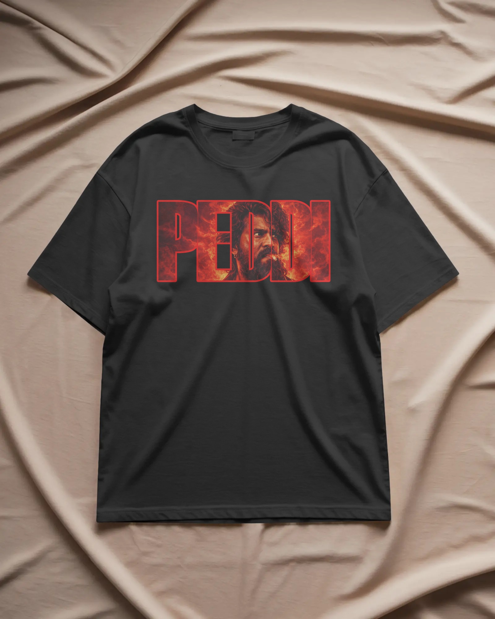 Peddi Ram Charan fire typography front graphic black t shirt with bold red PEDDI text