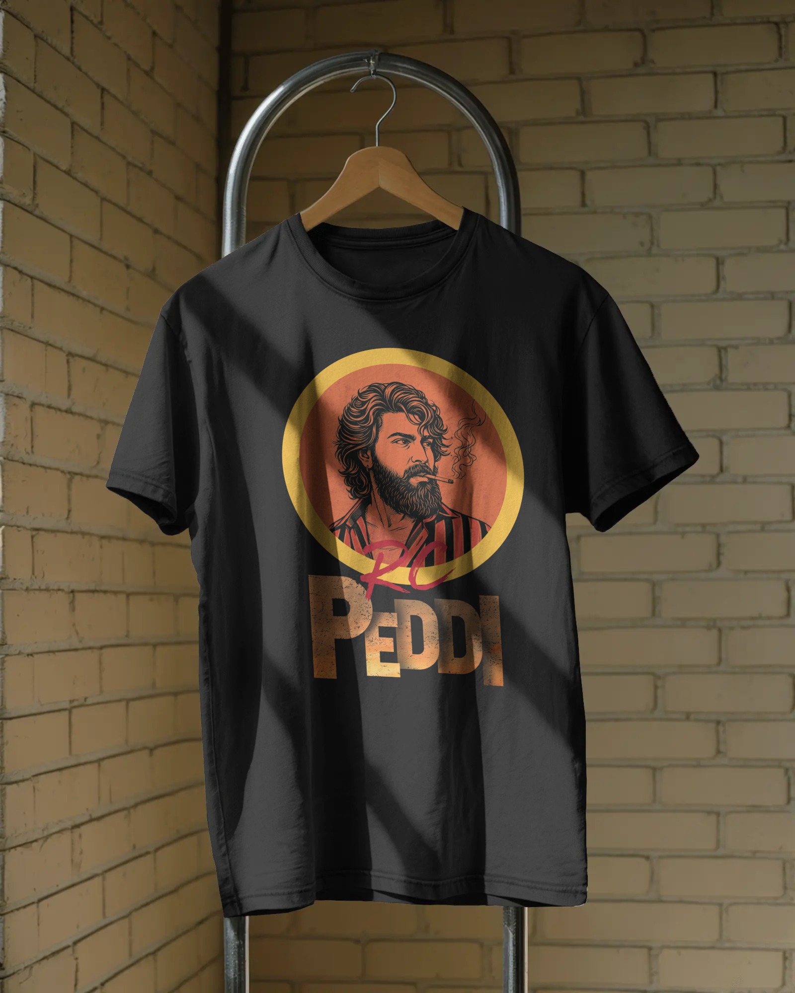 Peddi Ram Charan portrait front graphic black t shirt with PEDDI typography