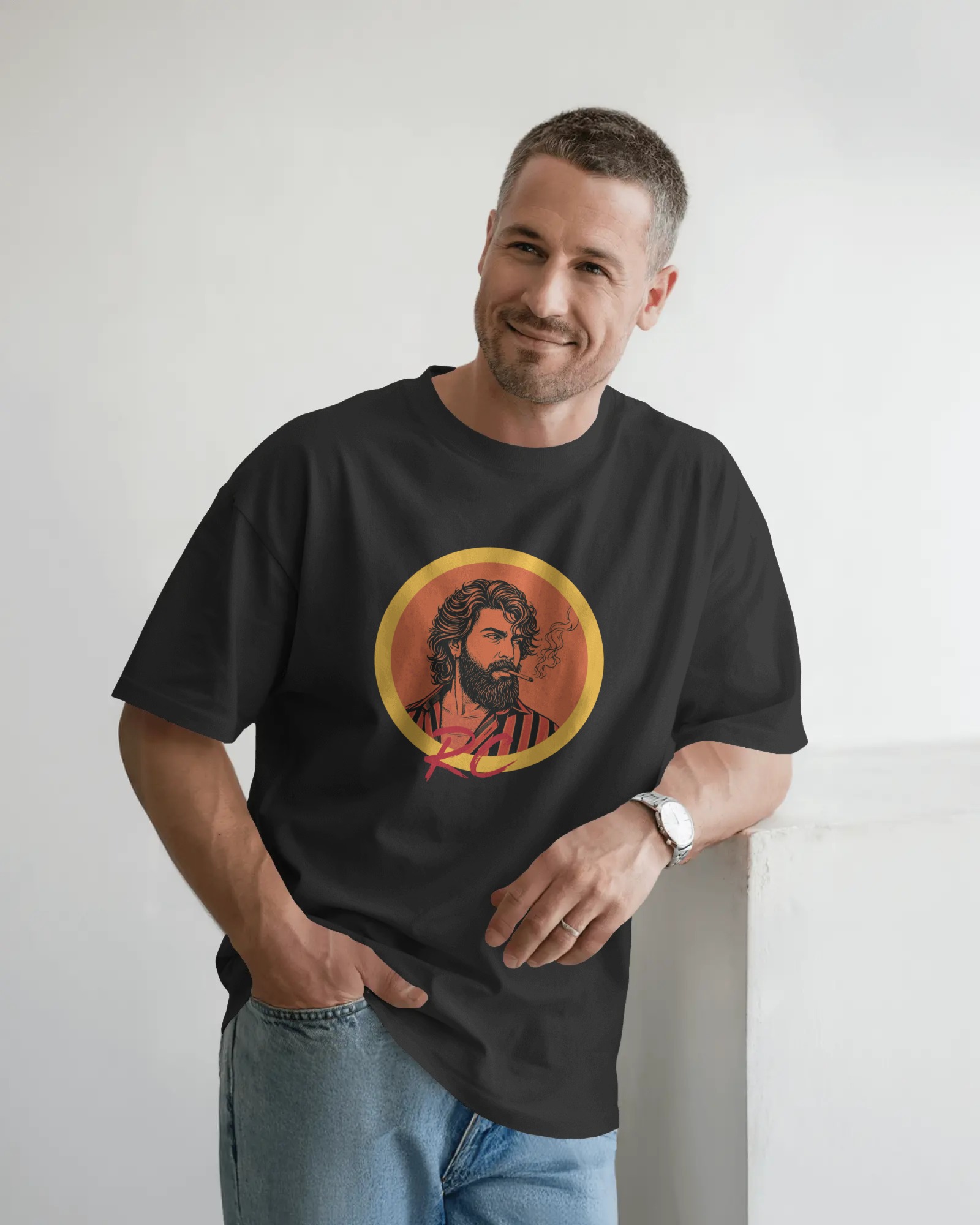 Peddi Ram Charan portrait front graphic black t shirt with PEDDI back print.