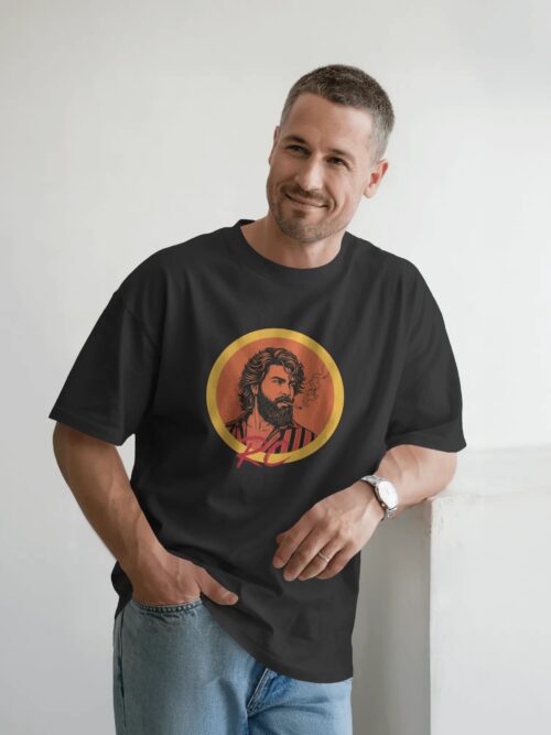 Peddi Ram Charan portrait front graphic black t shirt with PEDDI back print.