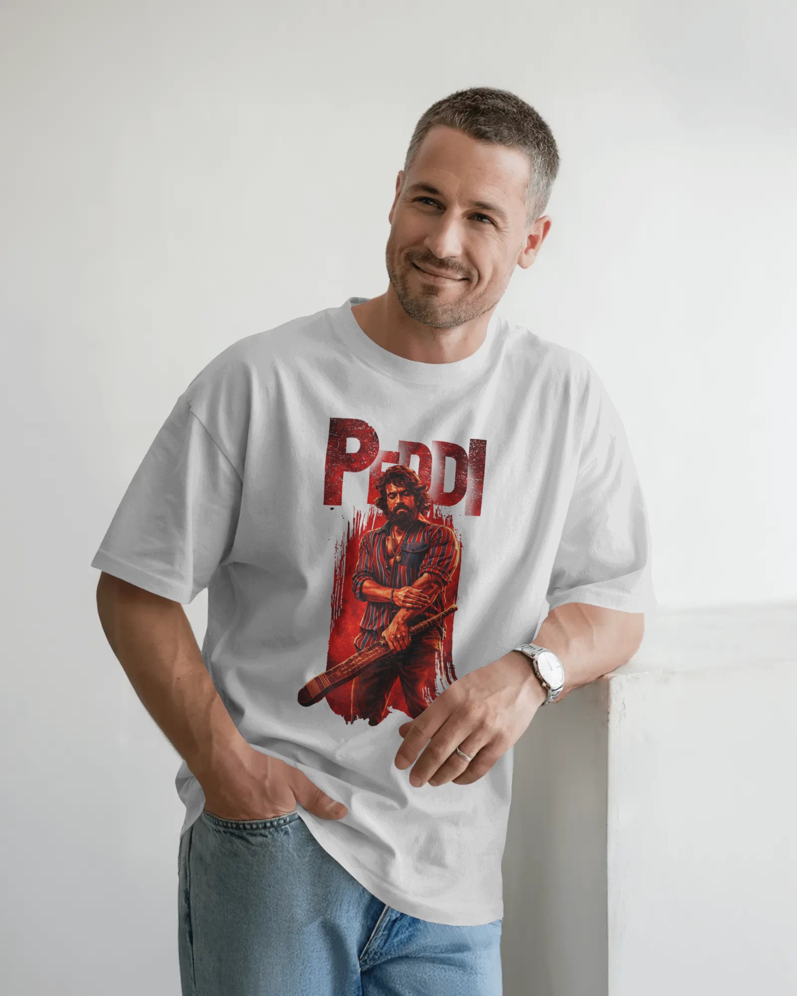 Peddi Ram Charan blood red hero front graphic white t shirt with PEDDI typography