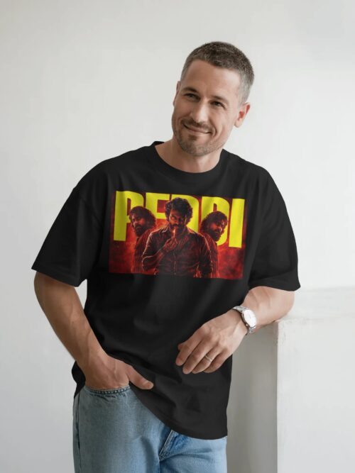 Peddi Ram Charan cinematic multi portrait front graphic black t shirt with bold PEDDI text