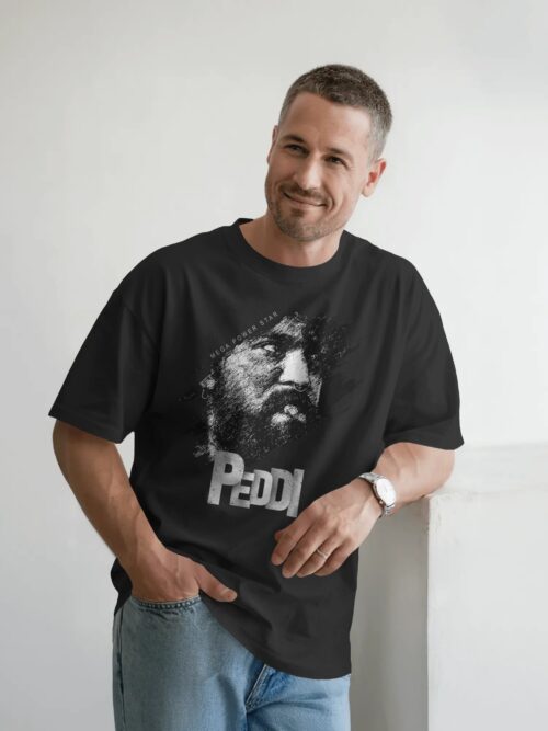 Peddi Ram Charan grunge portrait front graphic black t shirt with PEDDI typography
