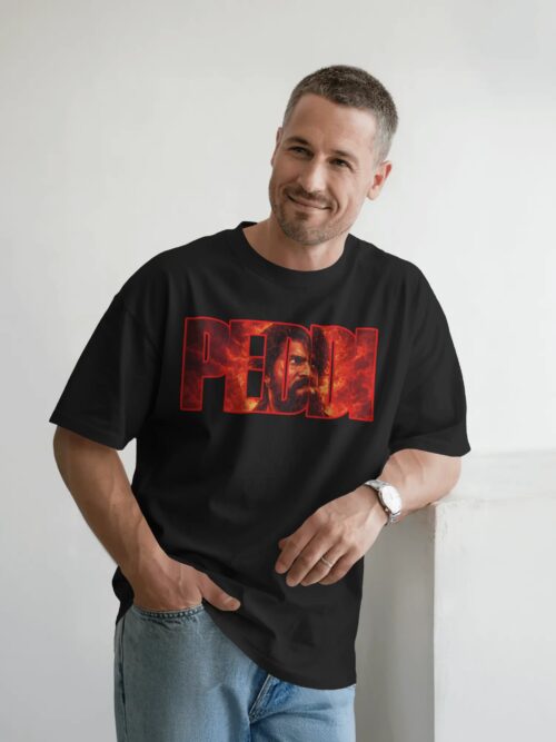 Peddi Ram Charan fire typography front graphic black t shirt with bold red PEDDI text