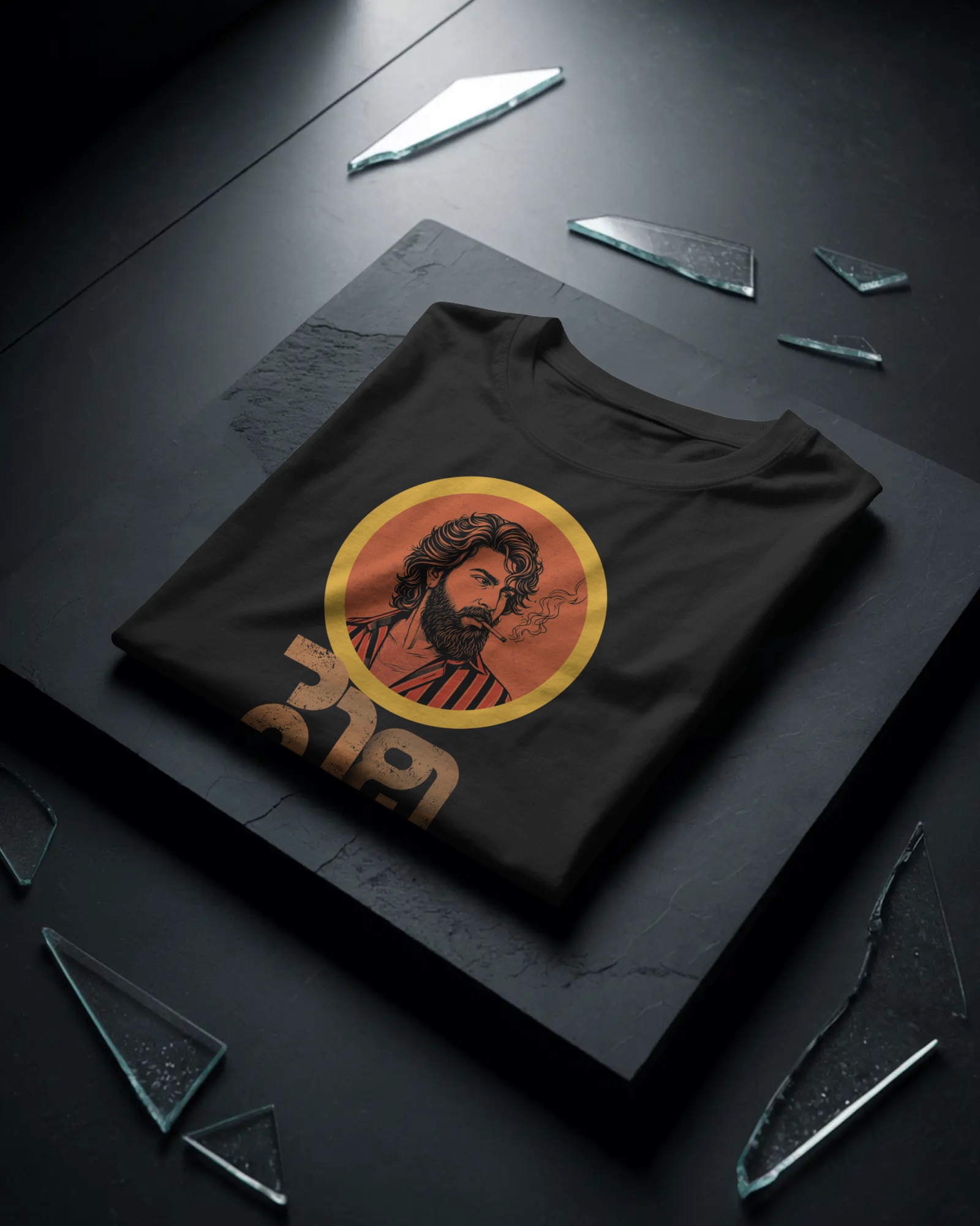 Peddi Ram Charan portrait Telugu typography front graphic black t shirt design