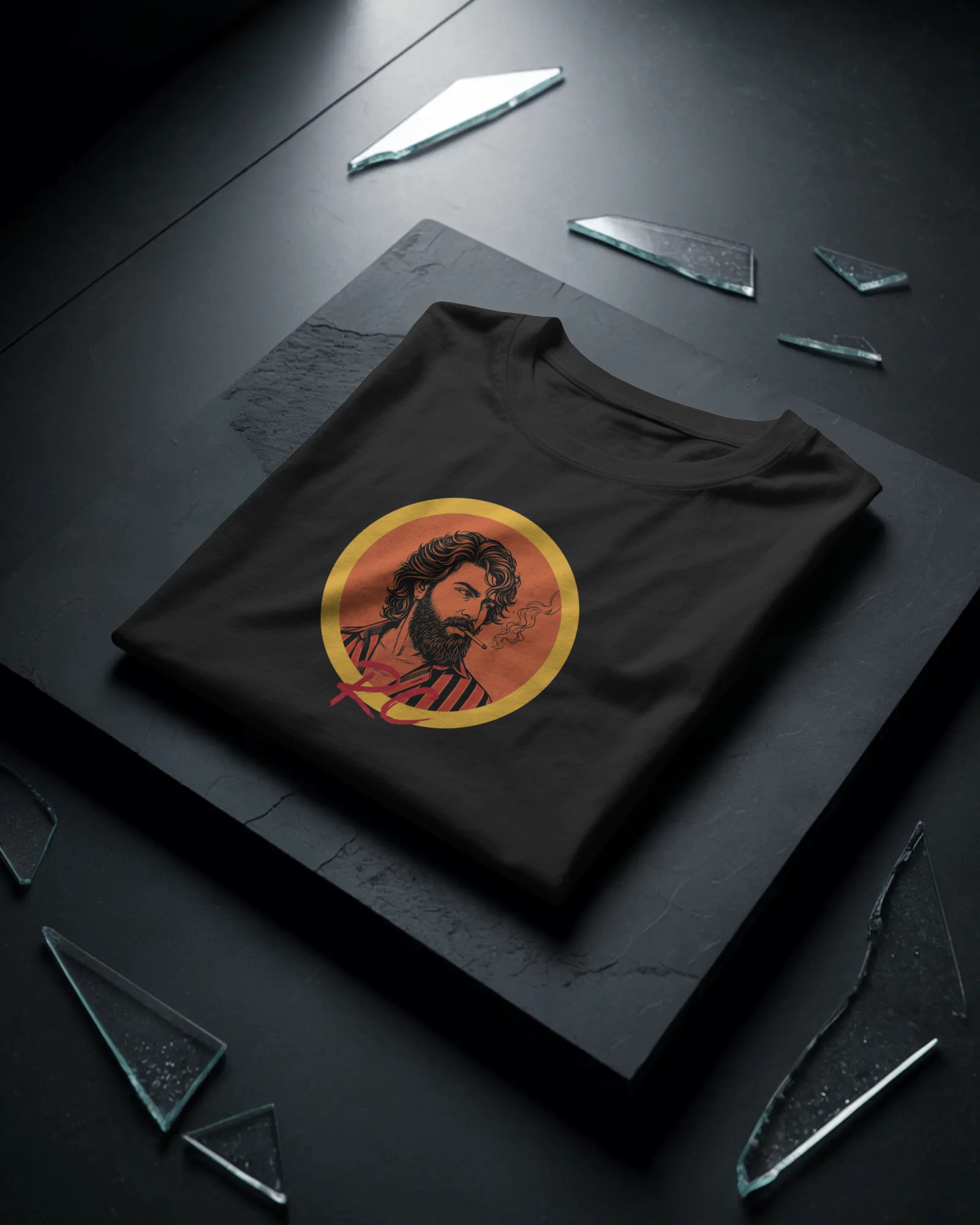 Peddi Ram Charan portrait front graphic black t shirt with PEDDI back print.