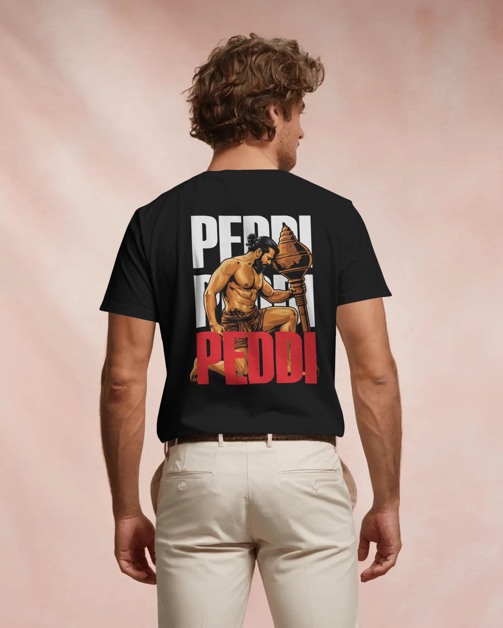 Peddi Ram Charan warrior back graphic black t shirt with bold PEDDI typography
