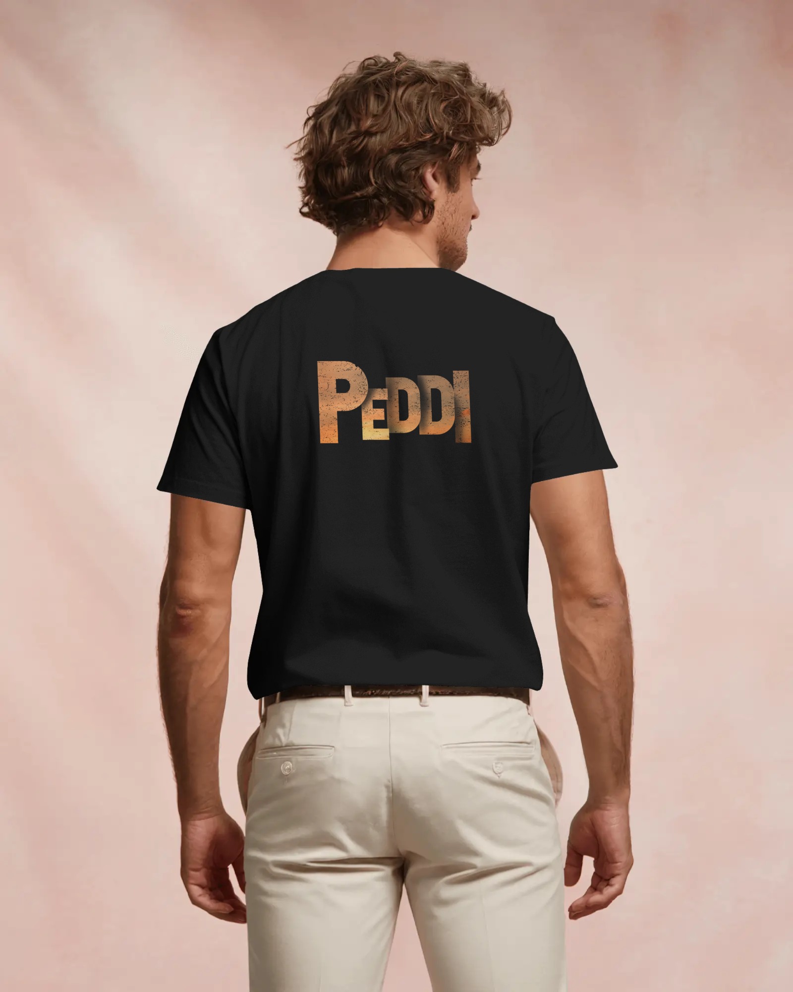 Peddi Ram Charan portrait front graphic black t shirt with PEDDI back print.